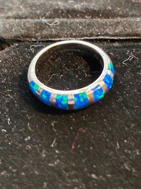 Blue Opal Inlay Sterling Silver Band Ring